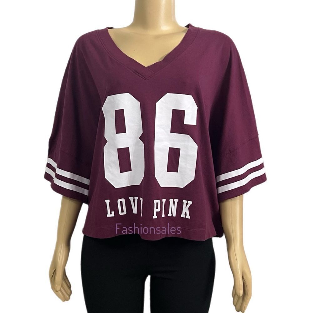 Victorias Secret Pink Varsity Short Sleeve Cropped V Neck Oversized Tee Xxl